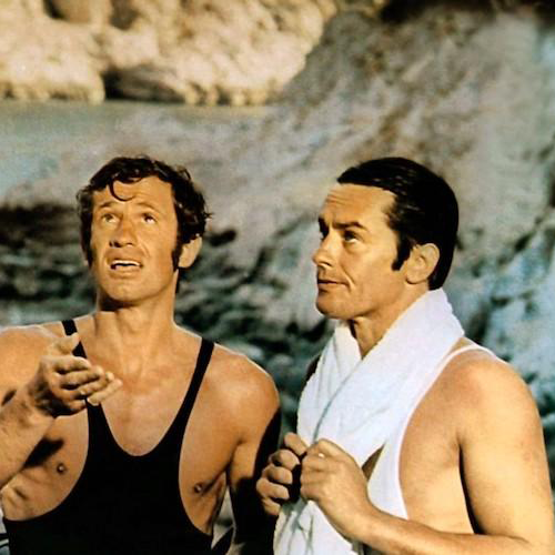 Alain Delon et Jean-Paul Belmondo à la Calanque de Port-Pin sur le tournage de Borsalino