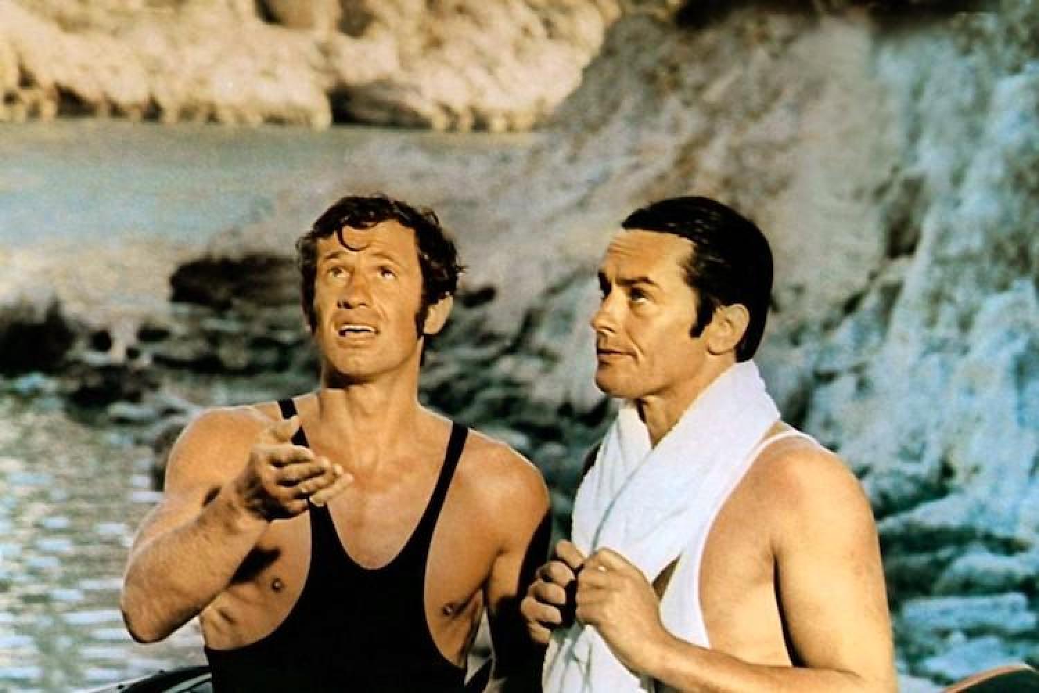 Alain Delon et Jean-Paul Belmondo à la Calanque de Port-Pin sur le tournage de Borsalino